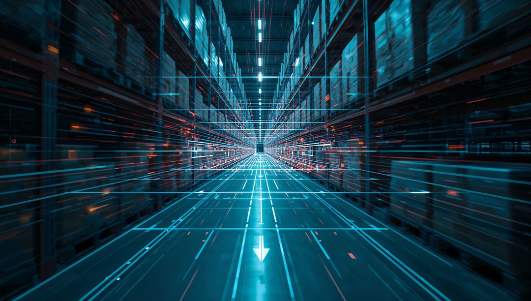 Futuristic Warehouse Corridor with Glowing Gridlines