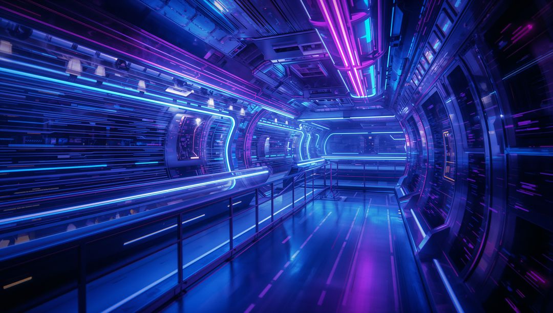 Futuristic Neon Sci-Fi Corridor in Spaceship Interior