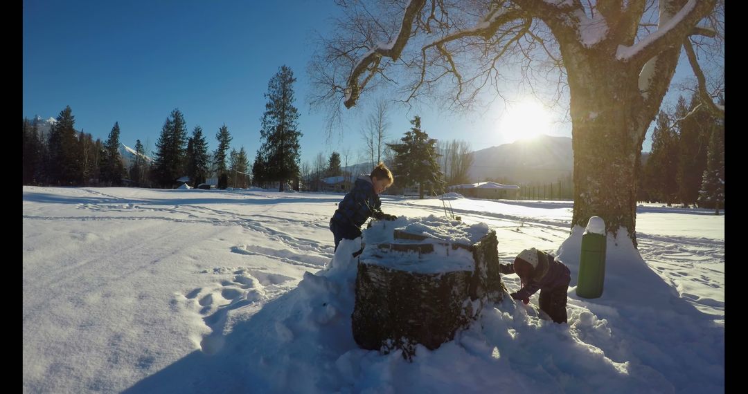 Children Building Snow Fort in Winter Landscape - Free Images, Stock Photos and Pictures on Pikwizard.com