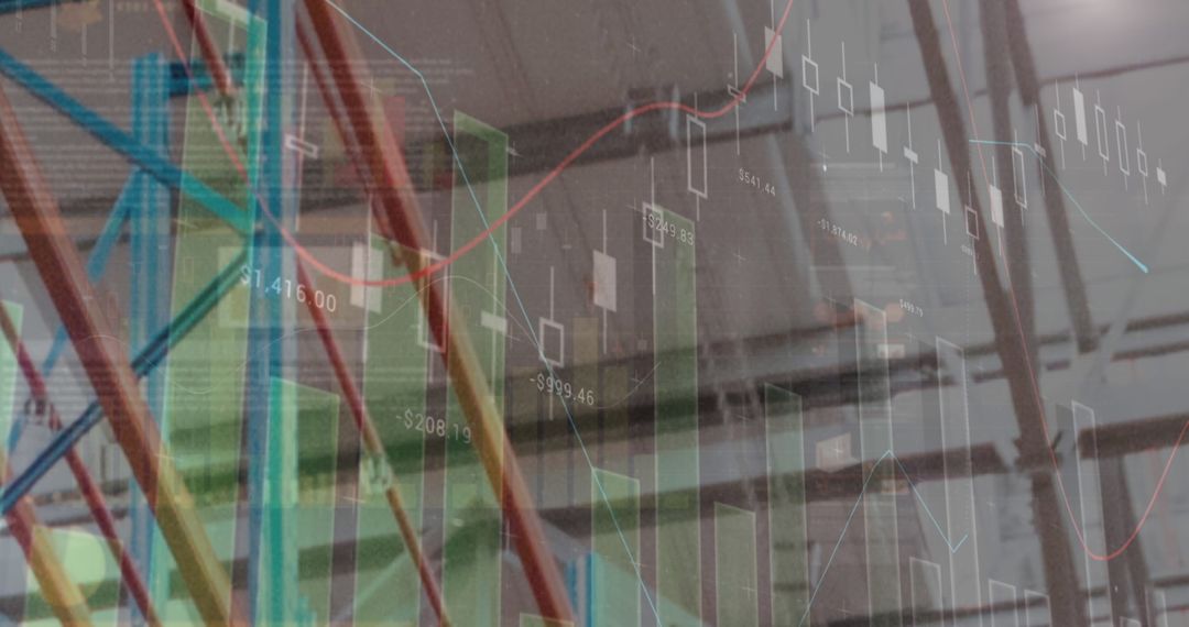 Abstract Financial Data Overlay on Warehouse Interior