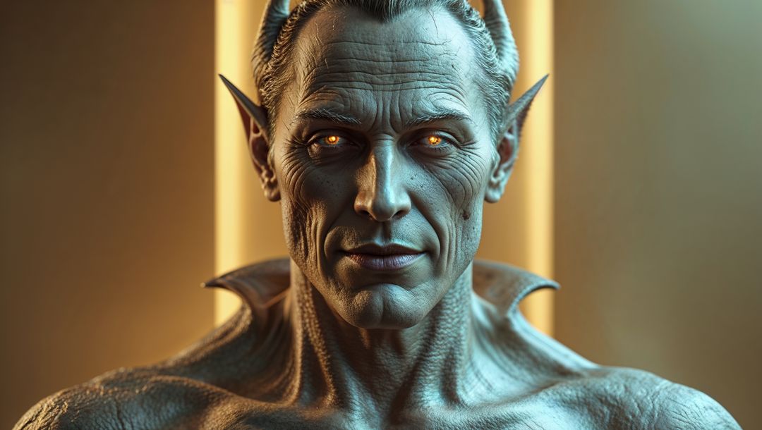 Futuristic metallic lucifer with glowing eyes in sci-fi setting