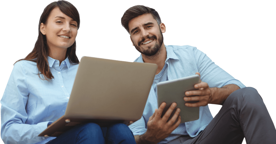 Transparent Business Professionals With Laptop and Tablet