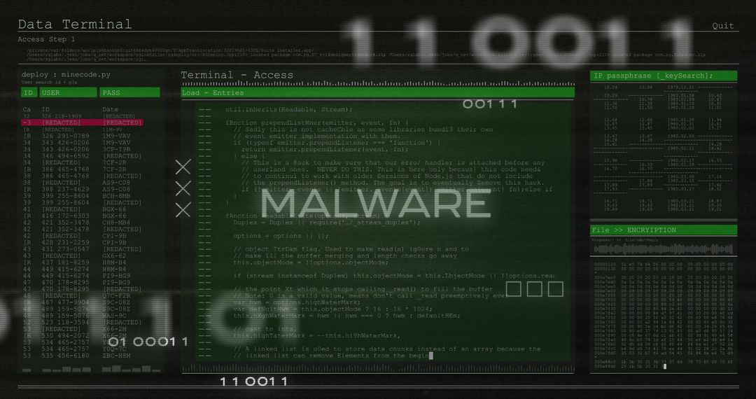 Malware Alert on Digital Terminal Screen with Coding Matrix