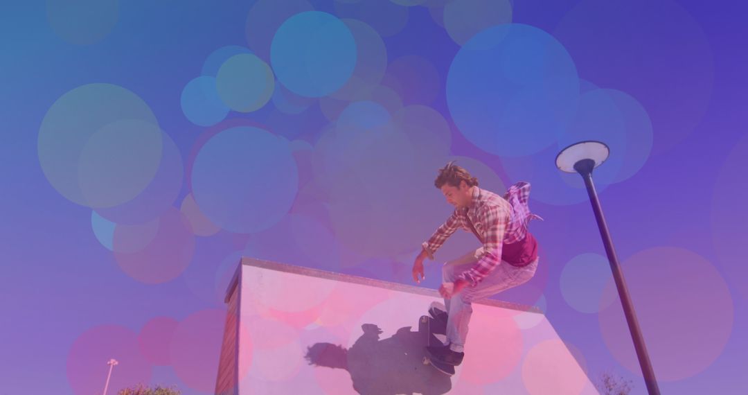 Caucasian Man Skateboarding with Colorful Light Effects