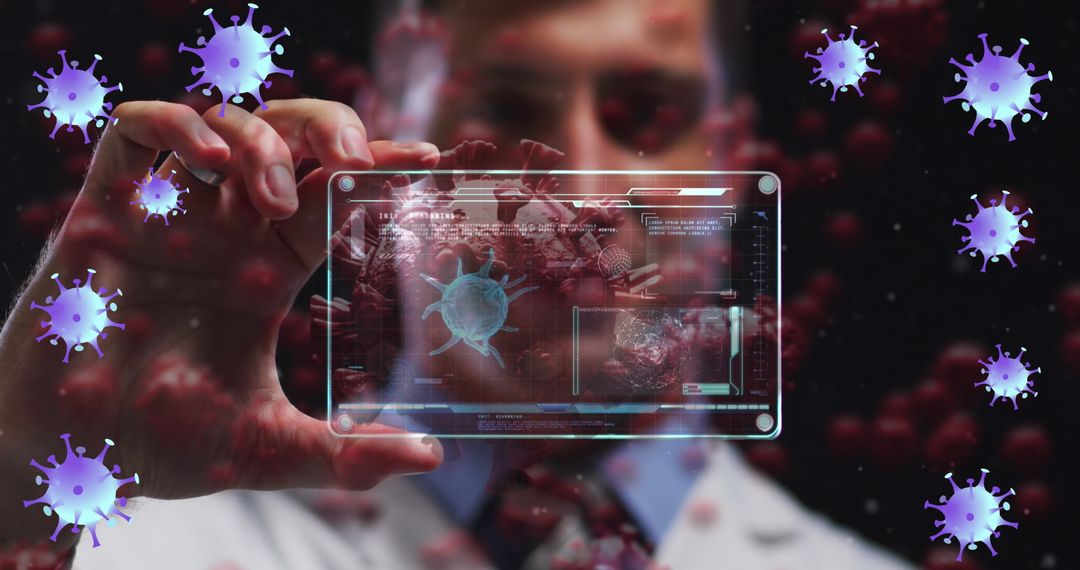 Sci-Fi Medical Researcher Analyzing Viruses on Digital Interface