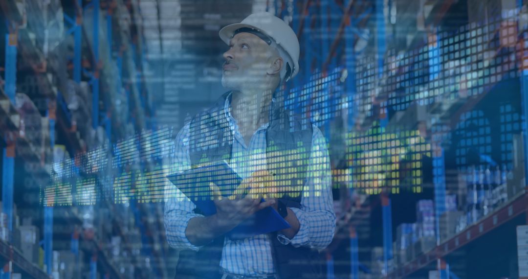 Middle-Aged Warehouse Manager Analyzing Inventory Data