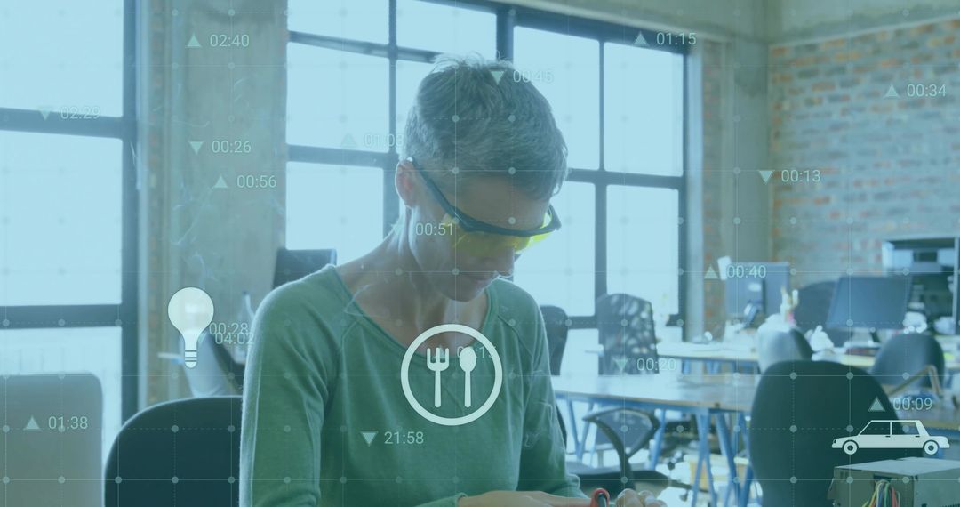 Technician Analyzing Electronic Parts with Futuristic Data Overlays