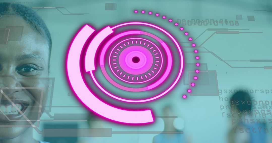 Displaying magenta HUD overlay with concentric circular dashboard over smiling woman