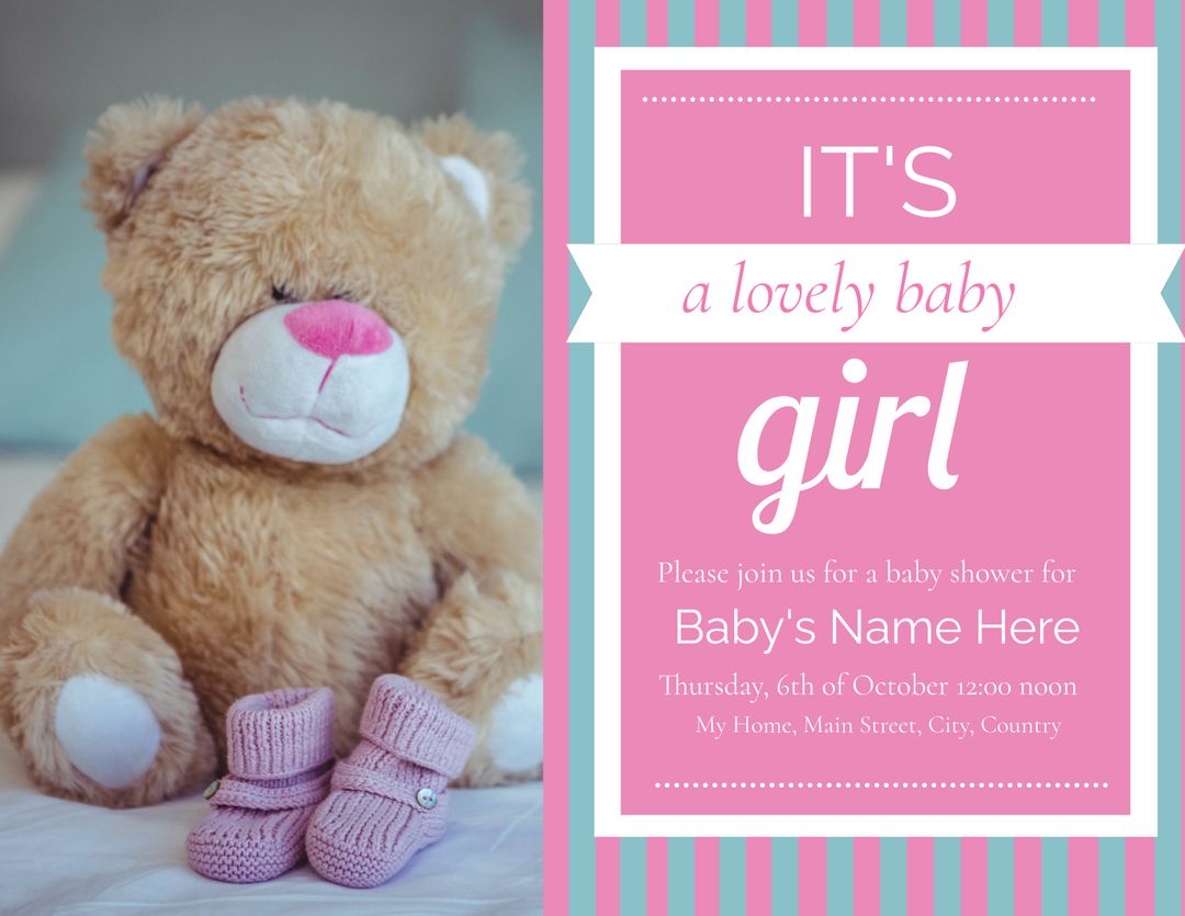 Baby Shower Invitation with Pink Teddy Bear and Baby Booties - Download Free Stock Templates Pikwizard.com