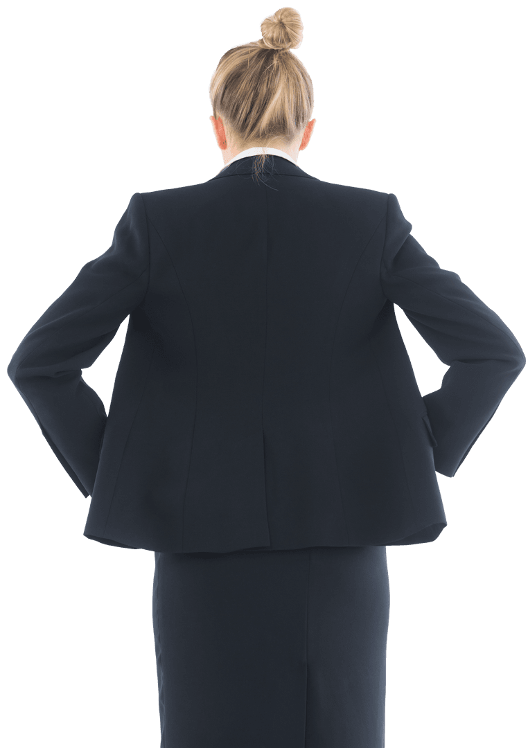 Transparent Back View of Businesswoman in Black Suit Hands on Hips
