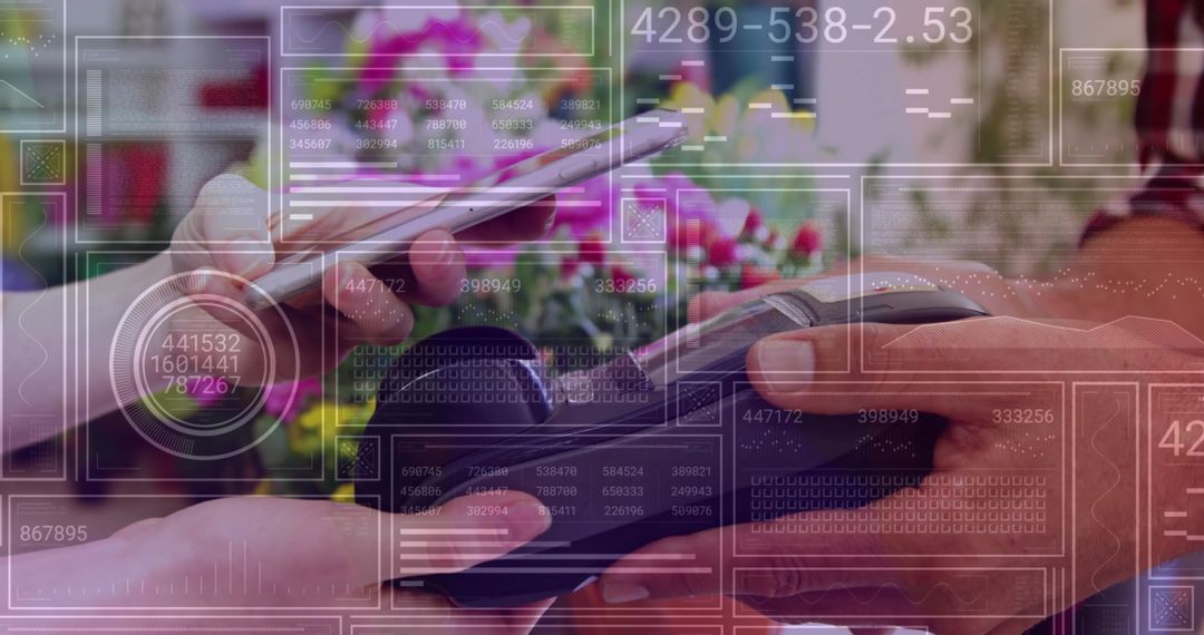 Hands Using Smartphone for Contactless Payment in Flower Shop