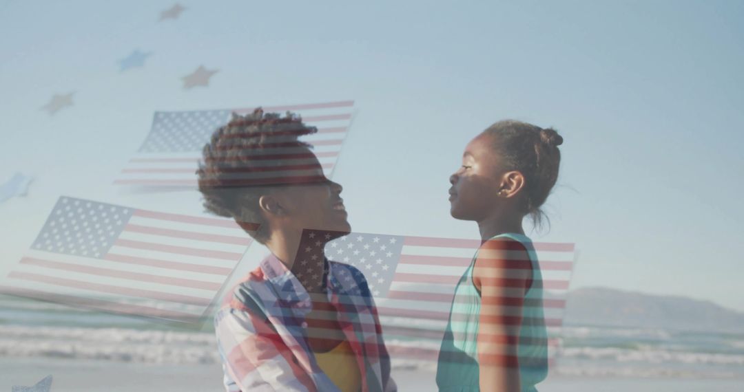 Mother and Daughter Connecting on Beach with American Flags Overlay