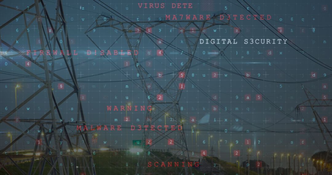 Cybersecurity Threat Concept with Digital Interface and Electric Pylons