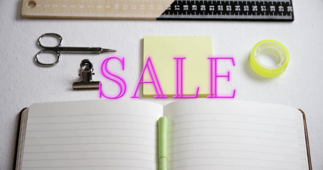 School Supplies with Sale Text on Open Notebook