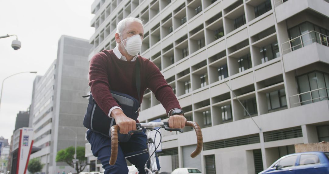 Senior Man Commuting by Bicycle with Face Mask in Urban Area - Free Images, Stock Photos and Pictures on Pikwizard.com