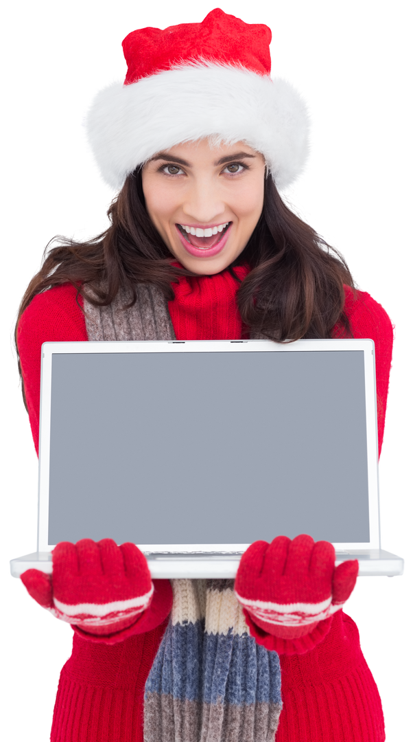 Excited Woman in Christmas Outfit Holding Transparent Laptop - Download Free Stock Images Pikwizard.com