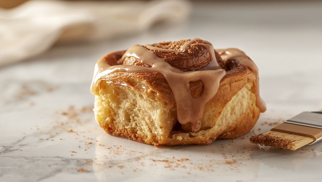 Glazed cinnamon roll revealing torn crumb on marble countertop with pastry brush