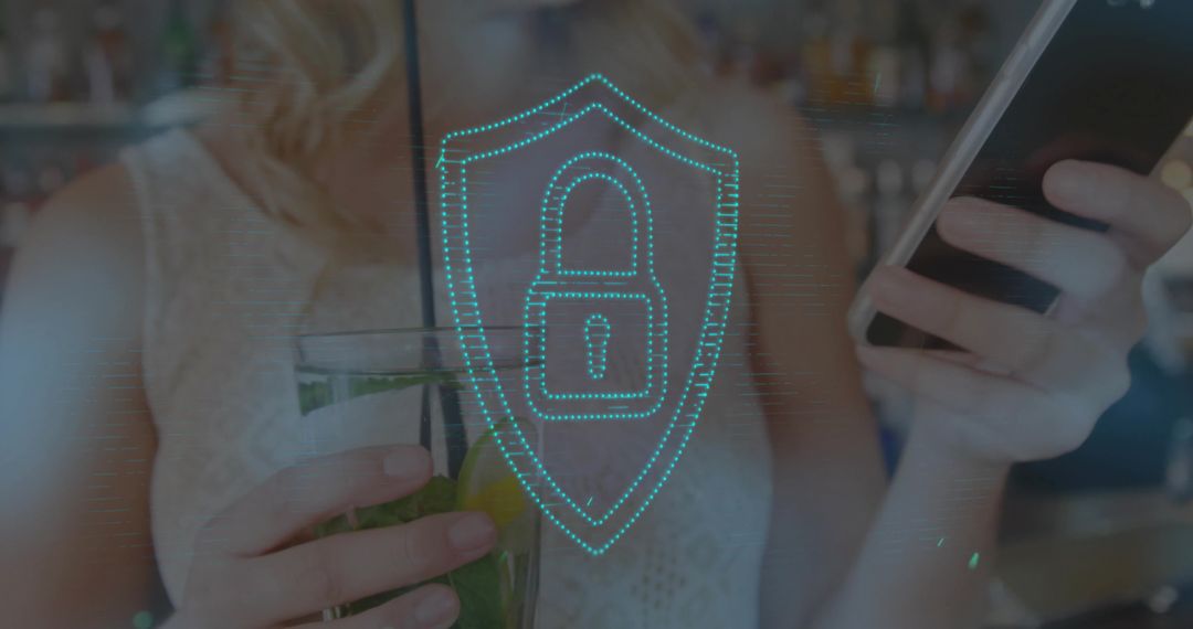Woman Balancing Nightlife and Digital Privacy in Trendy Bar Scene