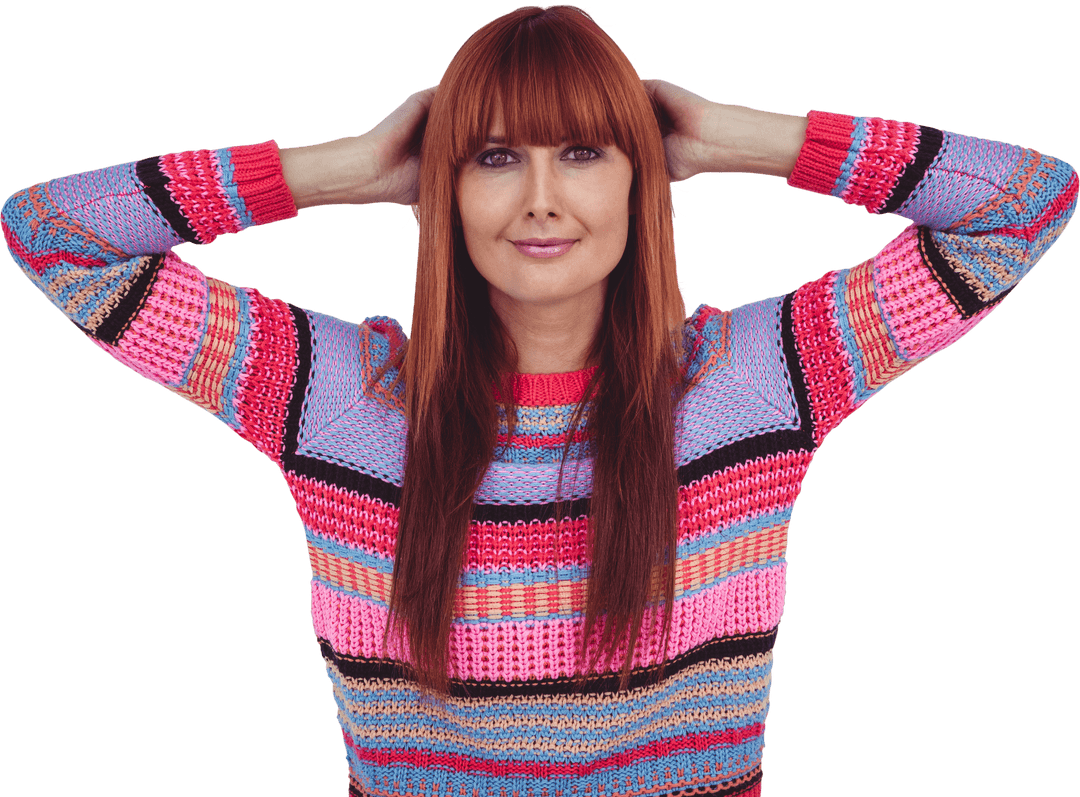 Smiling Woman Style Striping in Colorful Transparent Sweater