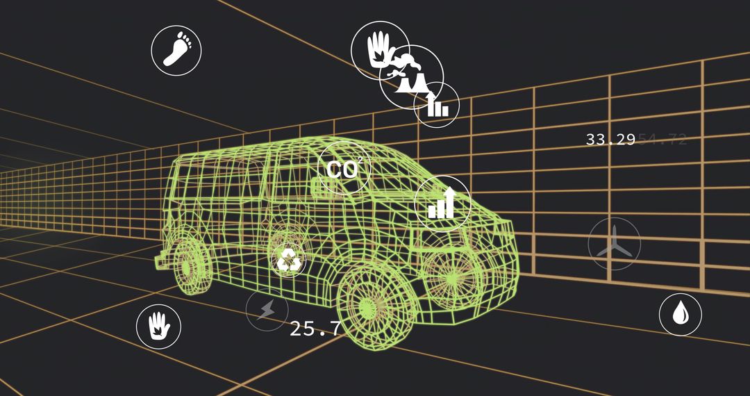 Wireframe van hovering in neon grid tunnel showing HUD telemetry and vehicle diagnostics