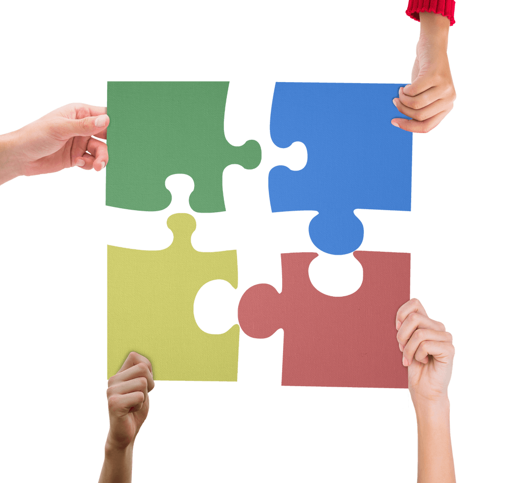 Four Hands Holding Colorful Puzzle Pieces on Transparent Background