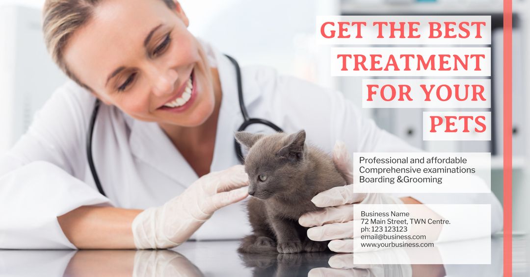 Caring veterinarian examining kitten for animal vet clinic