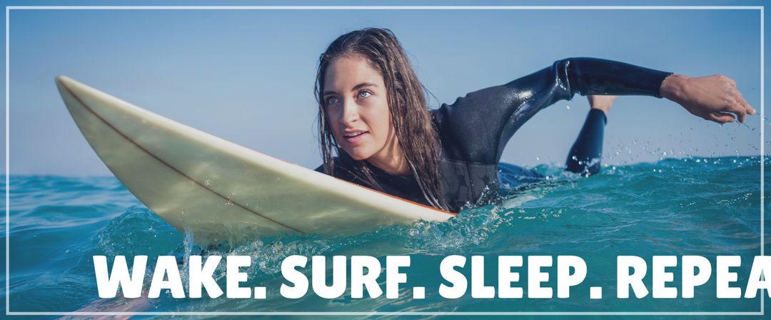 Determined Surfer Riding Ocean Waves Promoting Active Lifestyle