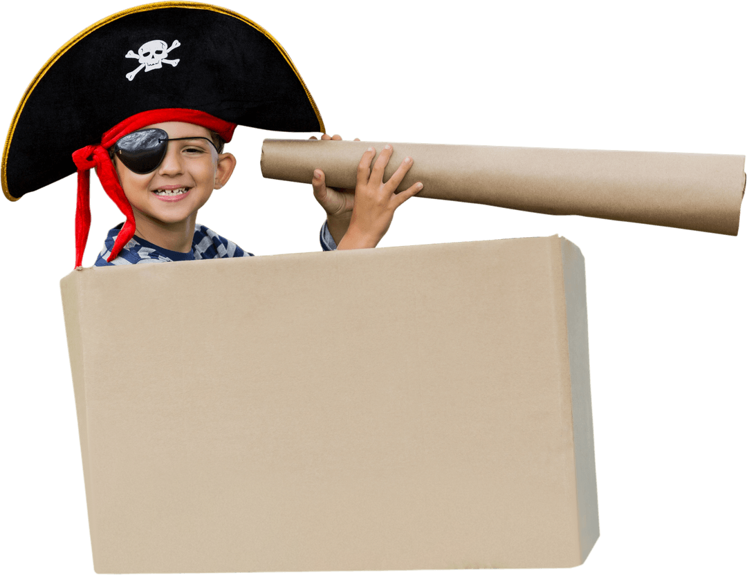 Boy Pretending to be Pirate with a Cardboard Box and Telescope Transparent