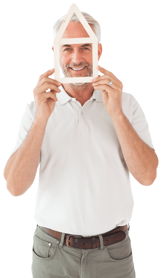 Transparent Happy Man Holding House Shape Frame on White