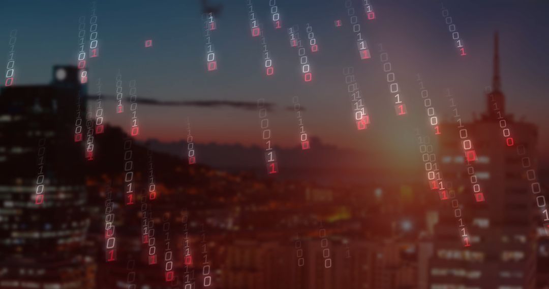 Digital Binary Code Overlay on Urban Cityscape at Dusk