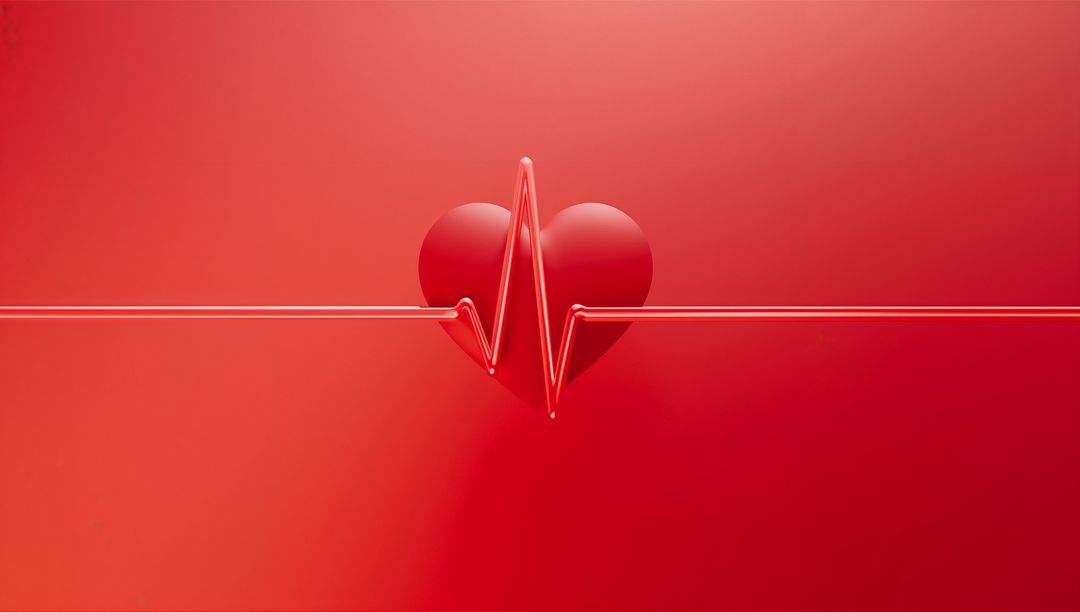 3D Glossy Heart With Heartbeat Signal on Red Gradient Background