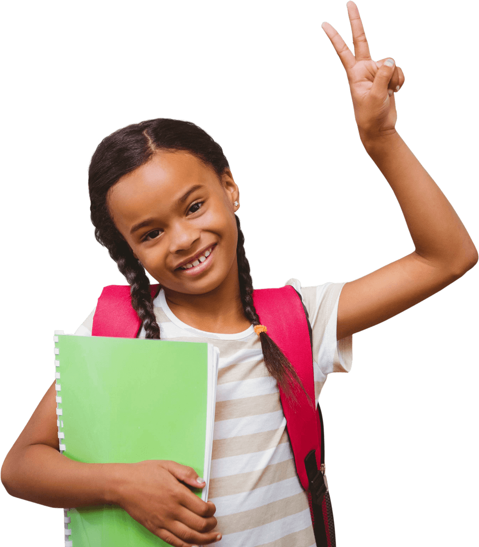 Smiling School Girl with Backpack and Notebook Showing Peace Sign Transparent