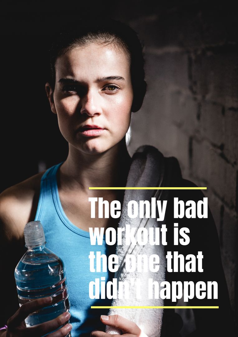 Determined Woman in Gym Holding Water Bottle with Motivational Quote
