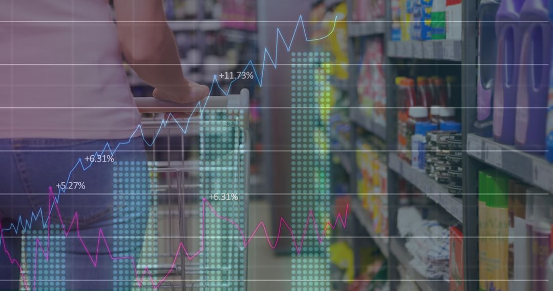Data Analytics Overlay in Busy Supermarket Aisle