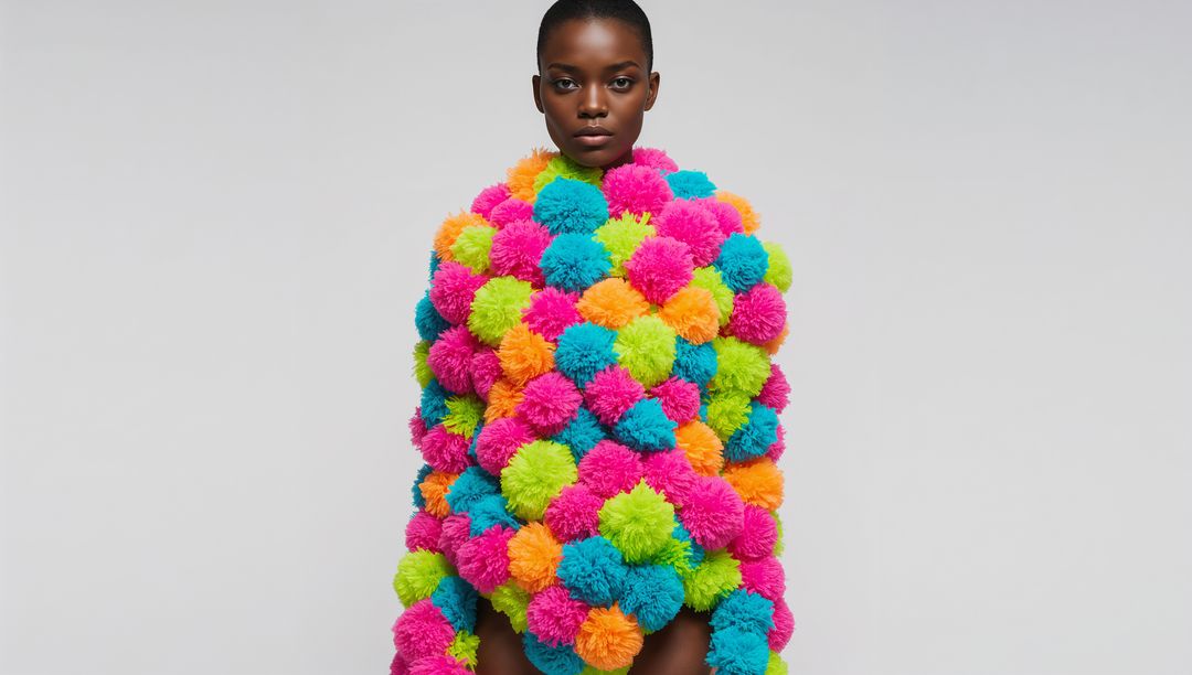 Neon Pom-Pom Cape on Model Standing Against Light-Gray Backdrop Editorial Fashion