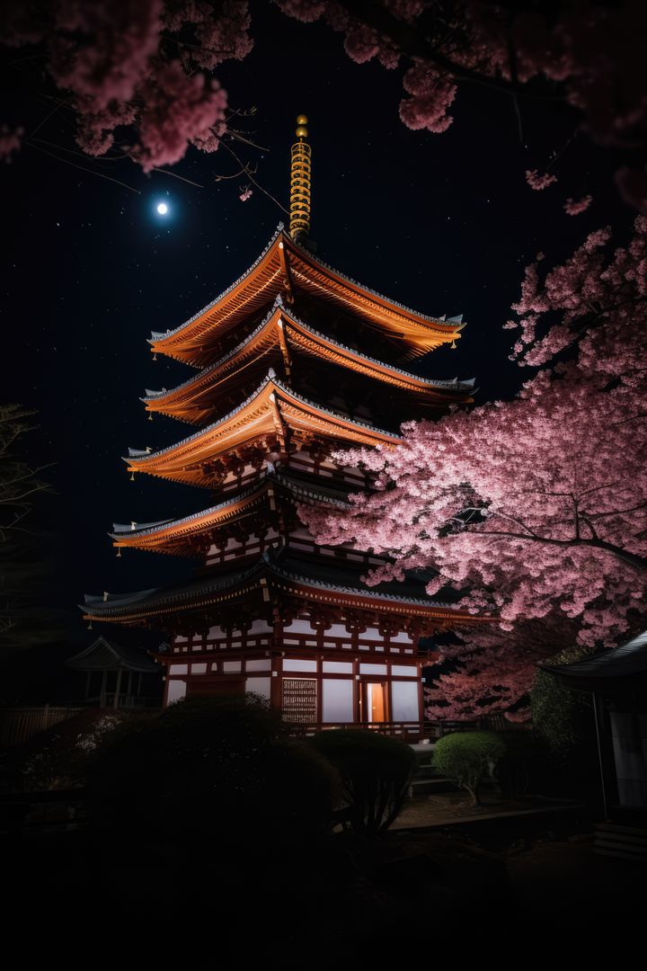 Japanese temple with oriental pattern over night sky, created using generative ai technology - Free Images, Stock Photos and Pictures on Pikwizard.com