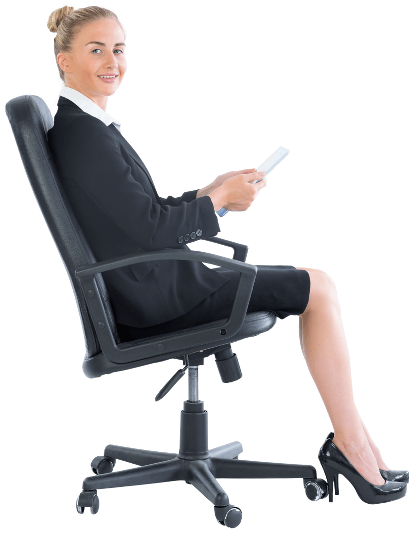 Transparent Businesswoman Sitting in Swivel Chair with Folder