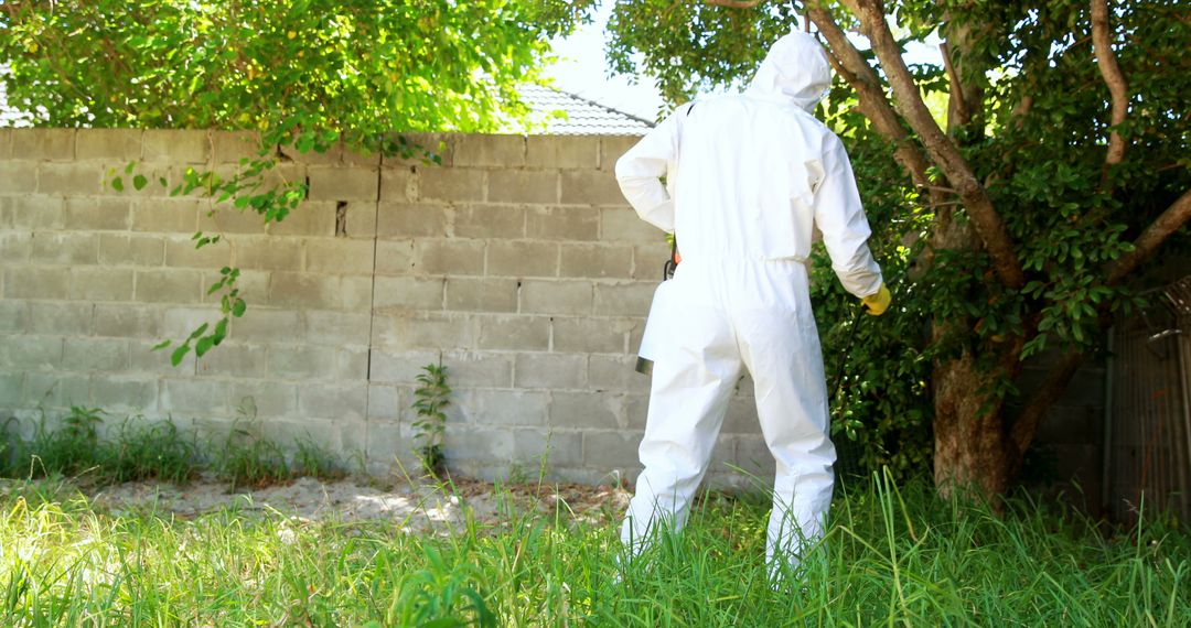 Pest Control Specialist Inspecting Garden in Protective Suit During Summer - Free Images, Stock Photos and Pictures on Pikwizard.com