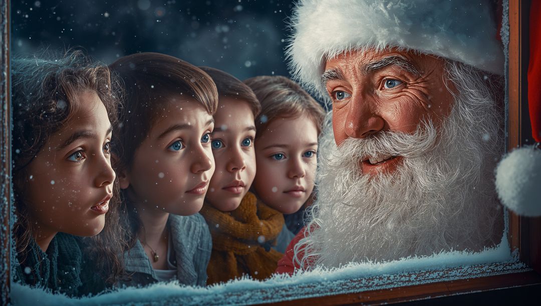 Santa and Children Peeking through Frosty Window at Christmas