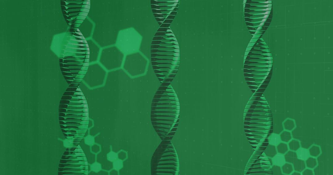Three vertical DNA helices floating on abstract green biotech background