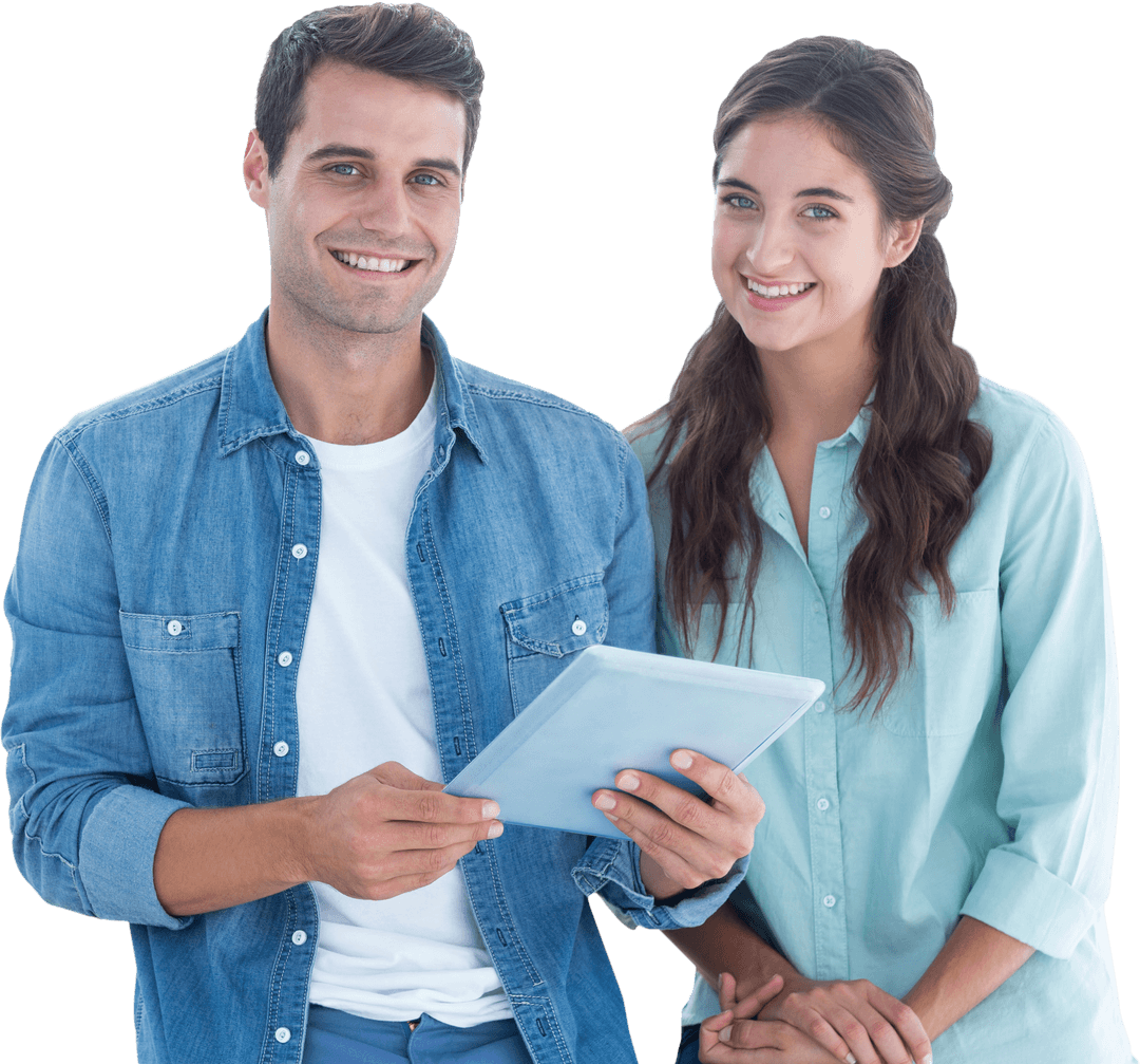 Caucasian Couple Using Tablet on Transparent Background, Isolated Lifestyle Concept