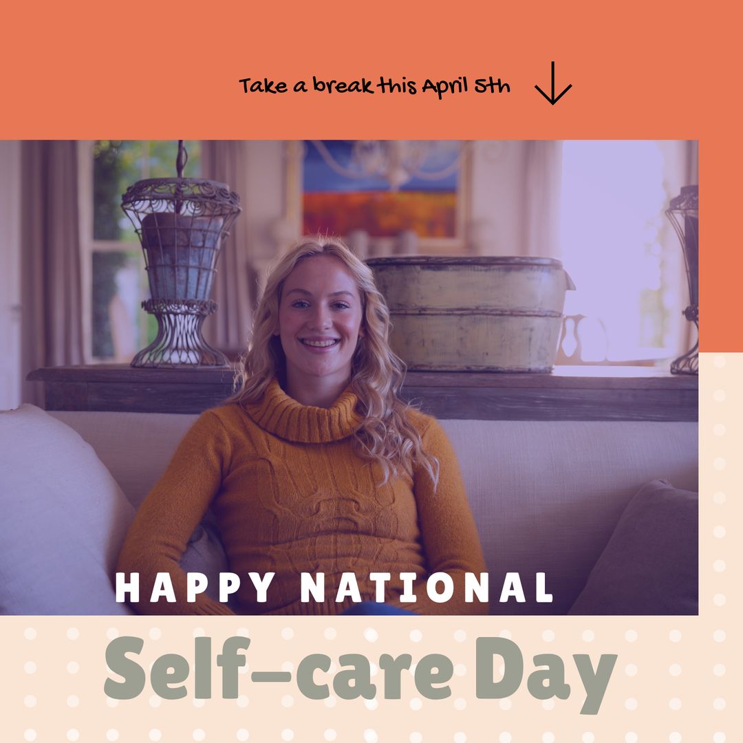 National Self-Care Day Celebration with Joyful Woman Relaxing on Sofa