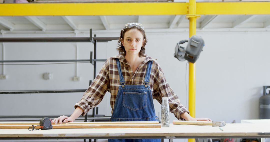 Female Woodworker in Overalls Stands at Workbench in Workshop - Free Images, Stock Photos and Pictures on Pikwizard.com