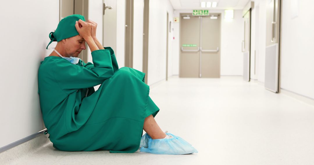 Exhausted Medical Professional Resting in Hospital Corridor - Free Images, Stock Photos and Pictures on Pikwizard.com