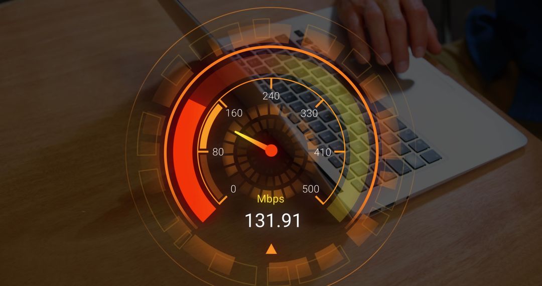 Internet Speed Test Concept with Speedometer Overlay on Laptop