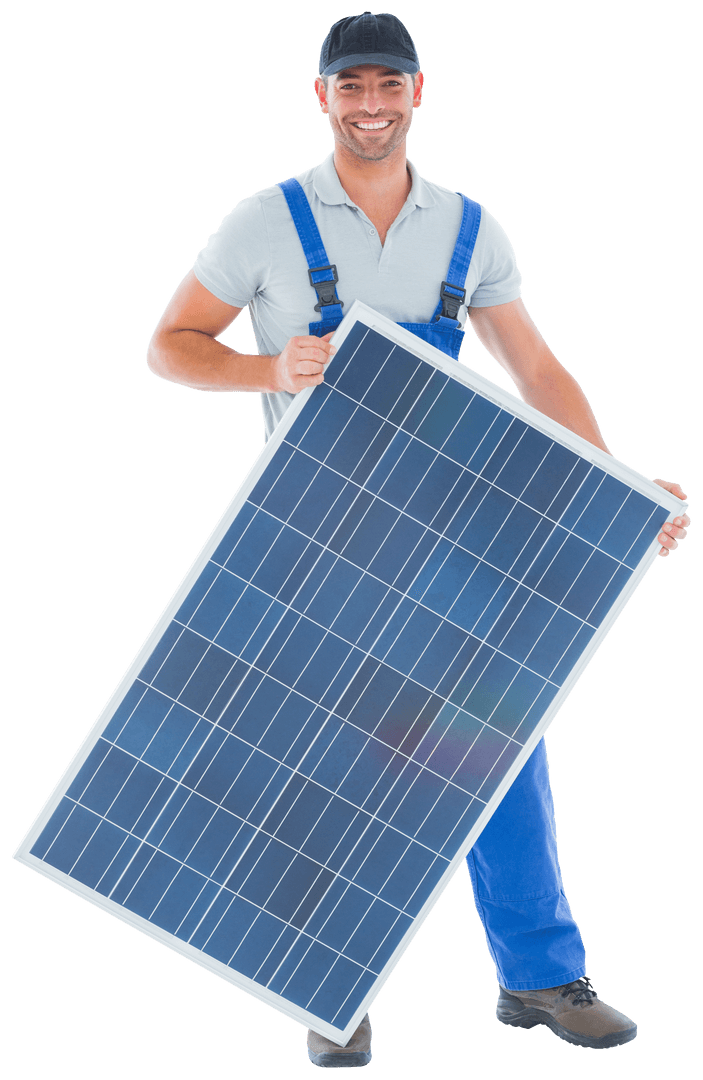 Transparent Handyman Holding Solar Panel with Smile