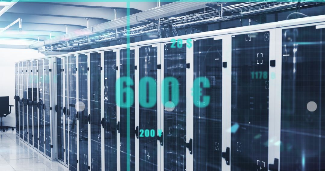Modern Data Center with Server Racks and Digital Highlights