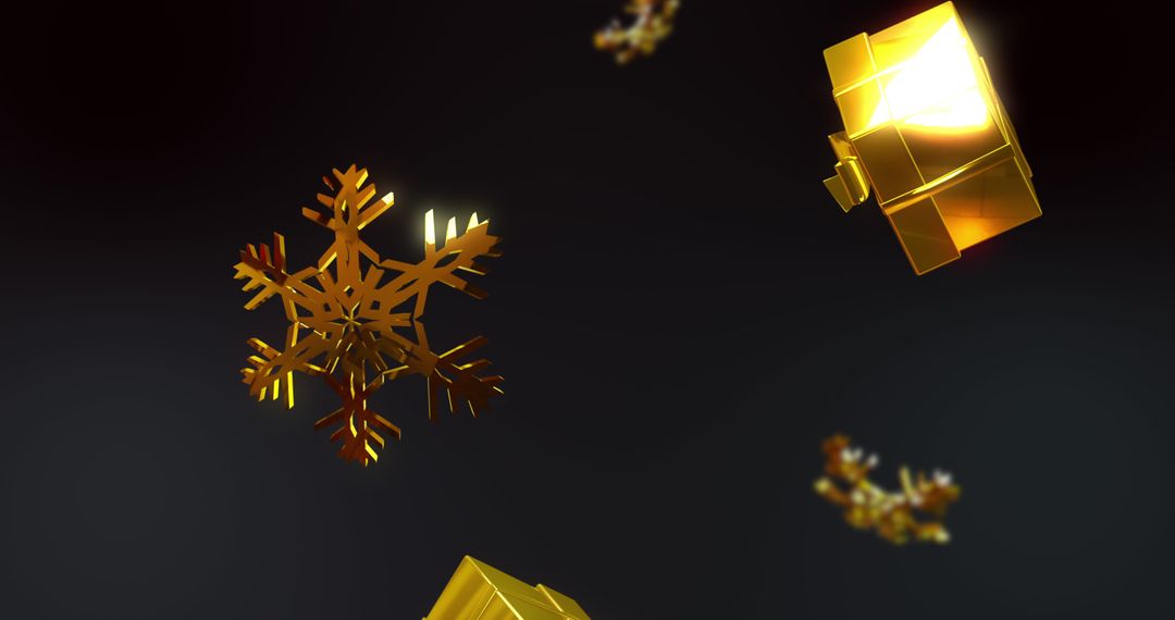 Golden Snowflakes and Gift Boxes on Dark Background