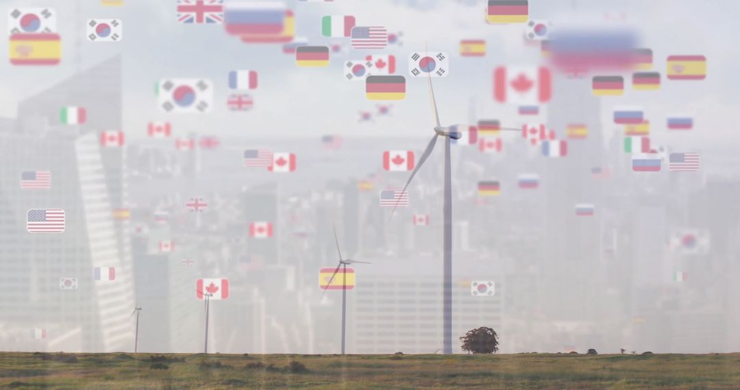 Wind Turbines against Multiple National Flags Symbolizing Global Cooperation