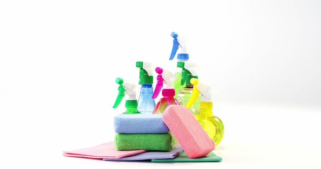 Colorful Cleaning Supplies Arranged on White Background - Free Images, Stock Photos and Pictures on Pikwizard.com